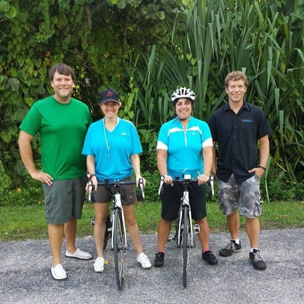 picking up our rental bikes in sanibel