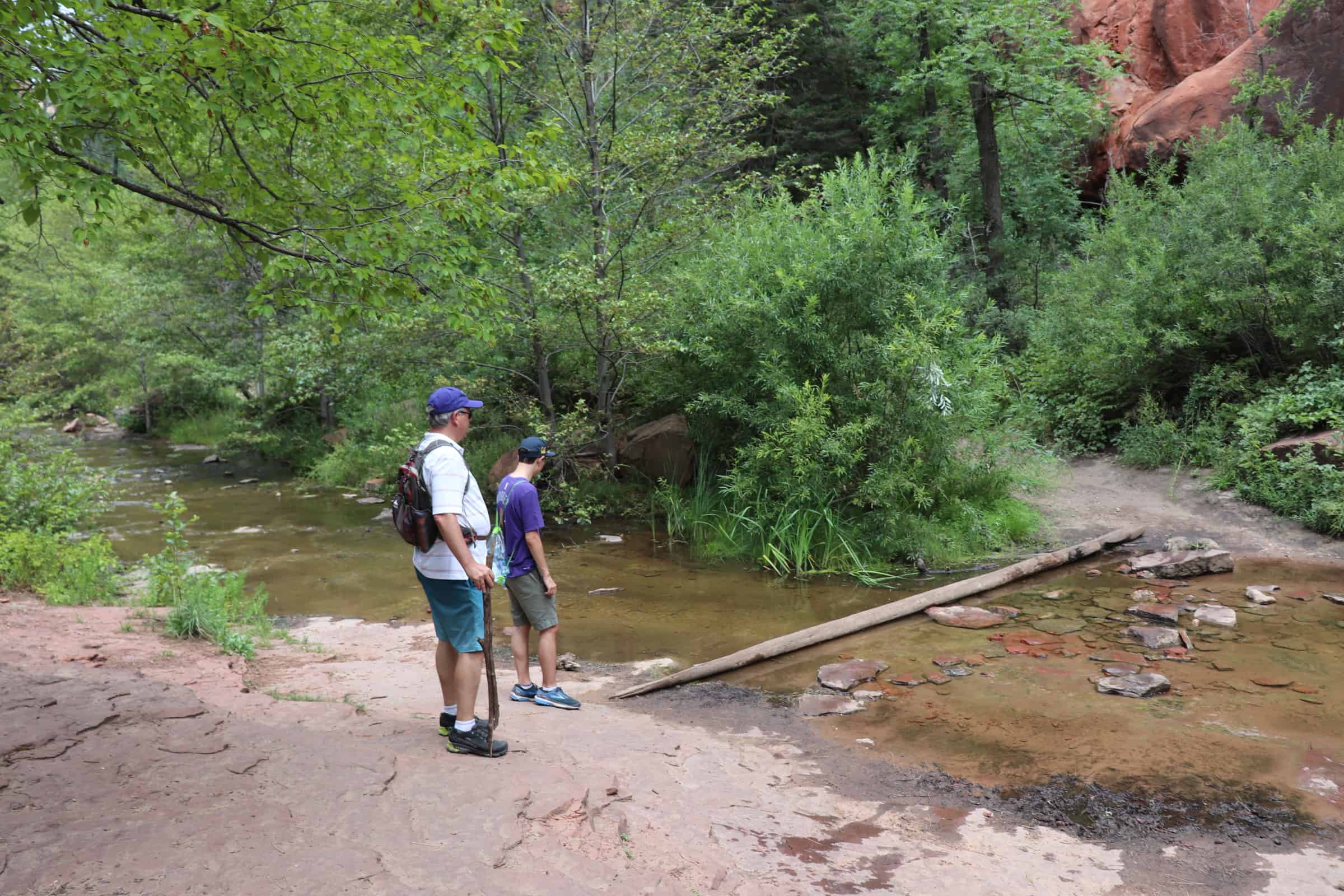 Walking across stones and logs in Sedona