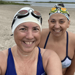 Hilary and Katie Jean after a 4 mile swim