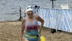 Hilary at the finish line at Swim to the Moon